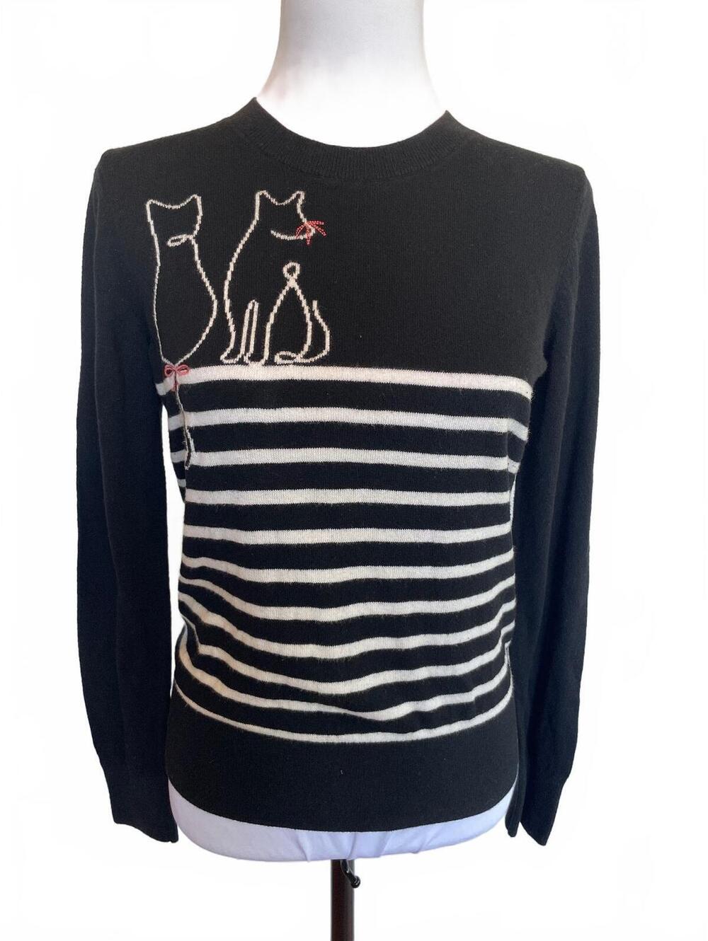 LOFT Cat Lover Sweater Small Black White Striped Knit Crewneck Bow Long Sleeve